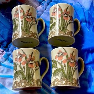 Set of 4 Vintage Iris Floral Ceramic Mugs Set - Japan